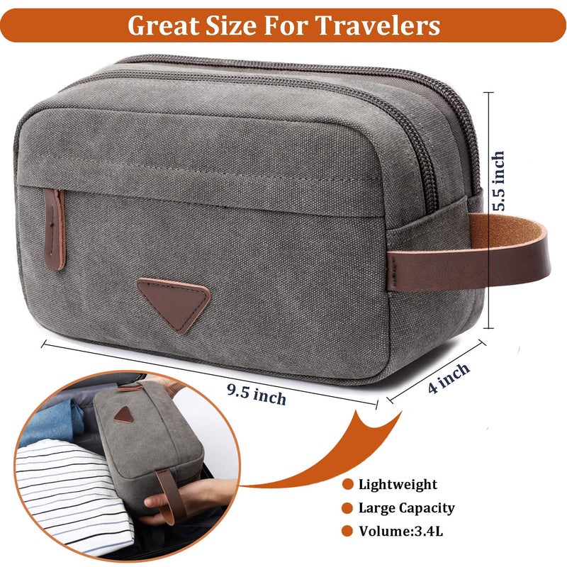 Mactso Mens Travel Toiletry Bag Canvas Leather Cosmetic Makeup Organizer Shaving Dopp Kits with Double Compartments (Gray) - Image 3